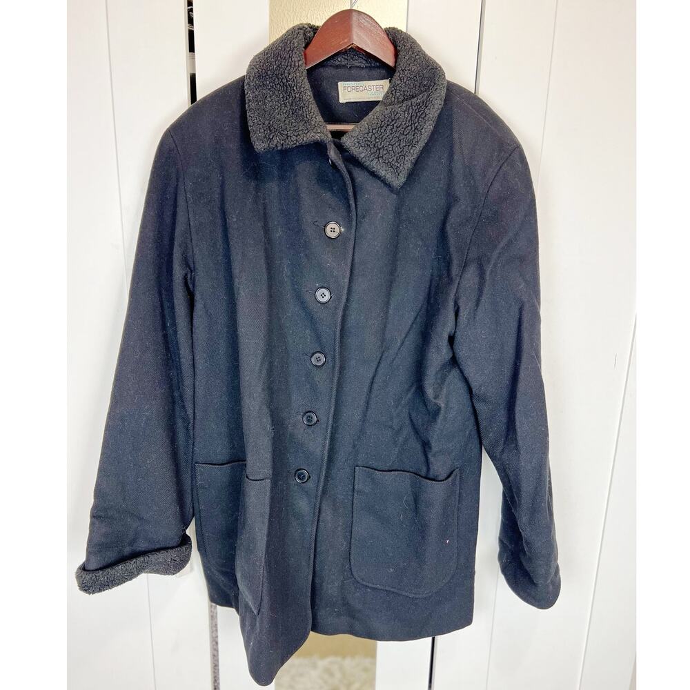 Forecastor of Boston Black 100% Wool Coat Jacket w/ Fleece Collar & Cuff Size 14